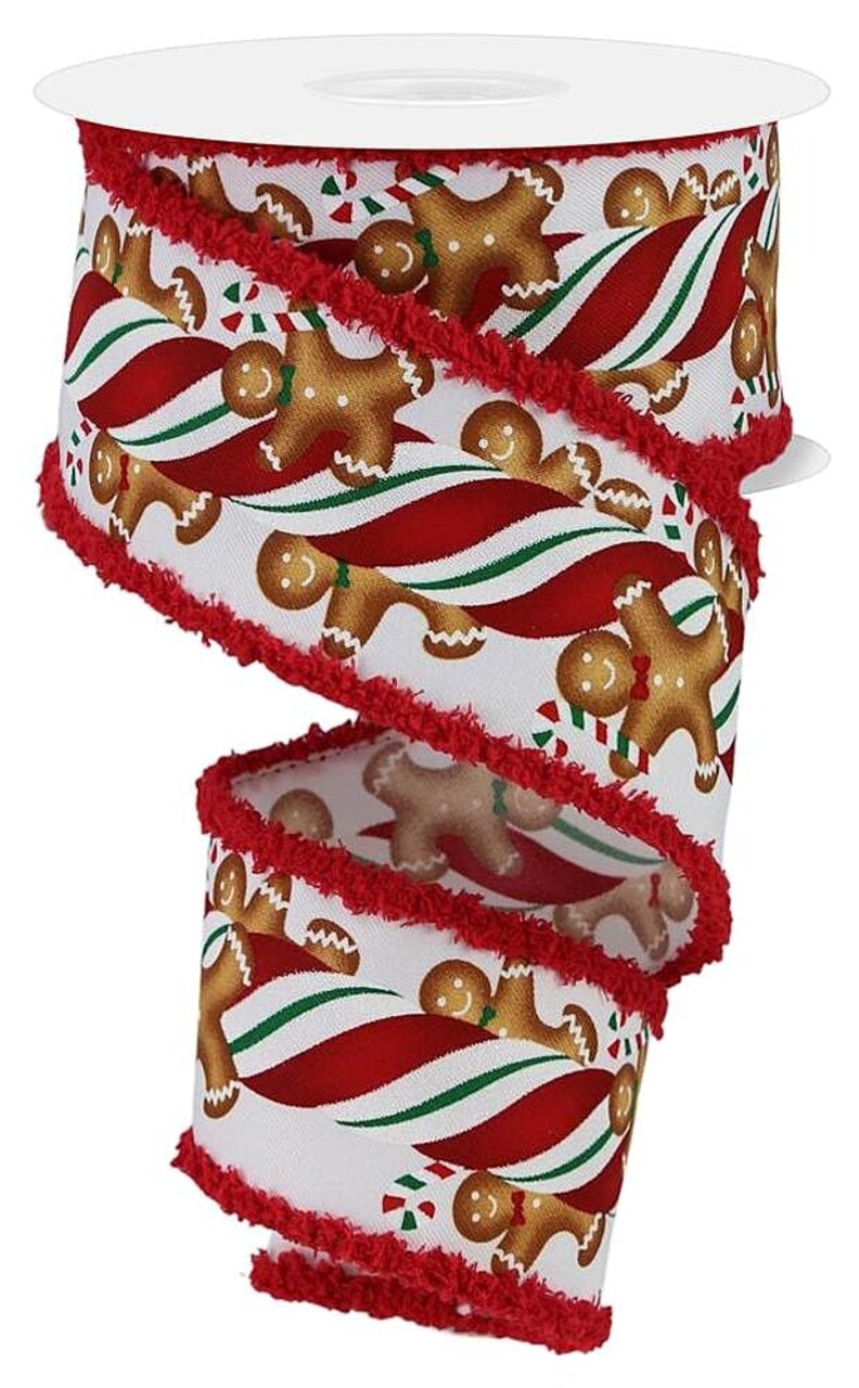 RG Ribbon: 2.5" Gingerbread Cookies and Peppermint Swirls Wired Ribbon with Drift Edges, 10 Yards - For Christmas Bows, Wreaths, Crafts, and Decorations